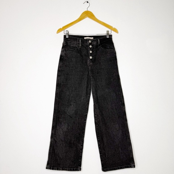 Levi’s Mile High Cropped Wide Leg Jeans W26 L27 Black High Rise Button Fly - Picture 1 of 7